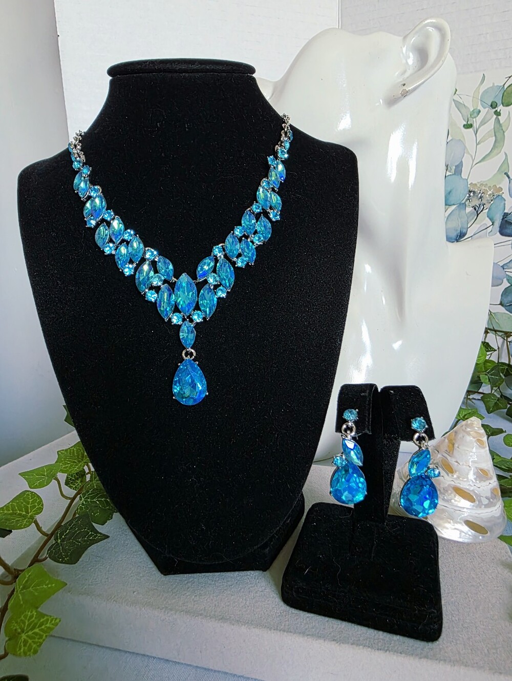 Silver And Blue Crystal Statement Necklace & Earring Set